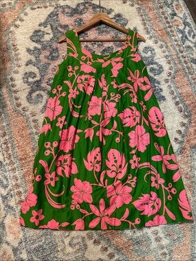 Vintage Handmade Vibrant Green Dress with Pink Tropical Floral Print